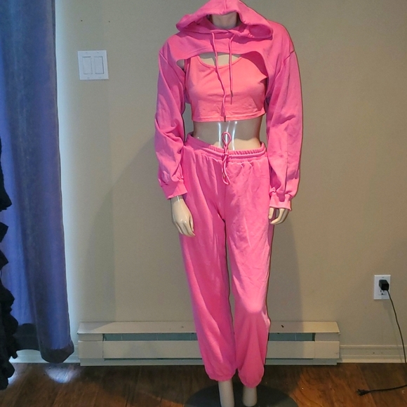 SHEIN Pants - New 3 Piece Barbie Pink Drawstring Joggers, Cropped Tank and Cropped Sweatshirt